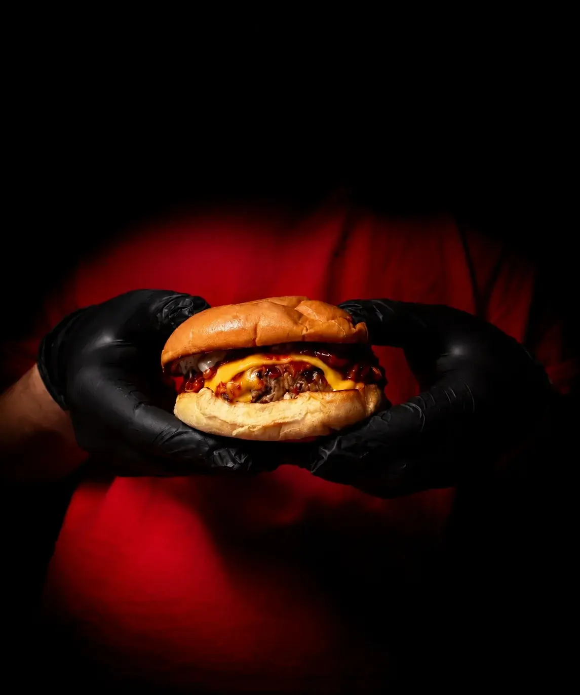 A5 Wagyu Kimchi Burger in an open Alba Street takeaway box against a red backdrop at Alba Street, Social Distrikt, Dubai Mall