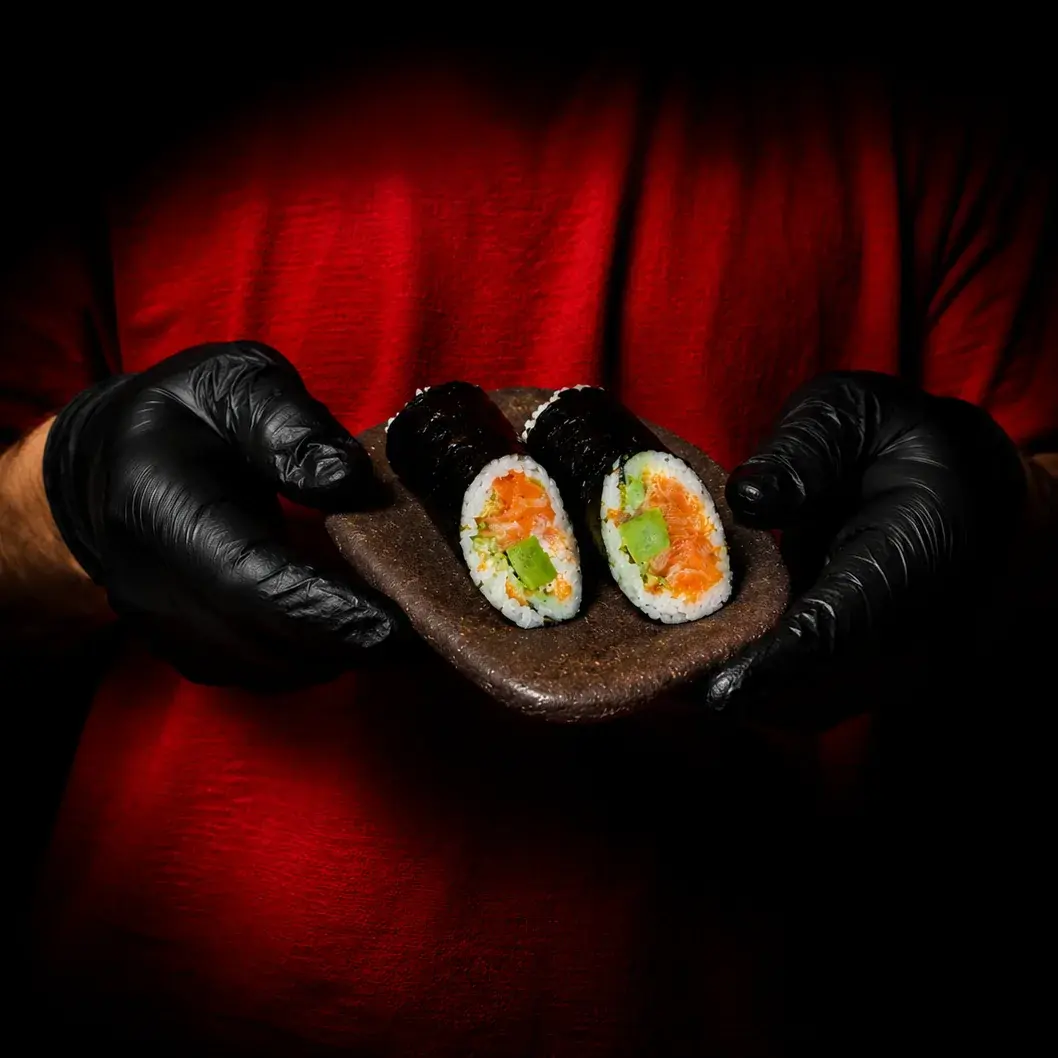 Salmon Sushi Burrito cut in half and held in black gloved hands under a hard red key light at Alba Street, Social Distrikt, Dubai Mall