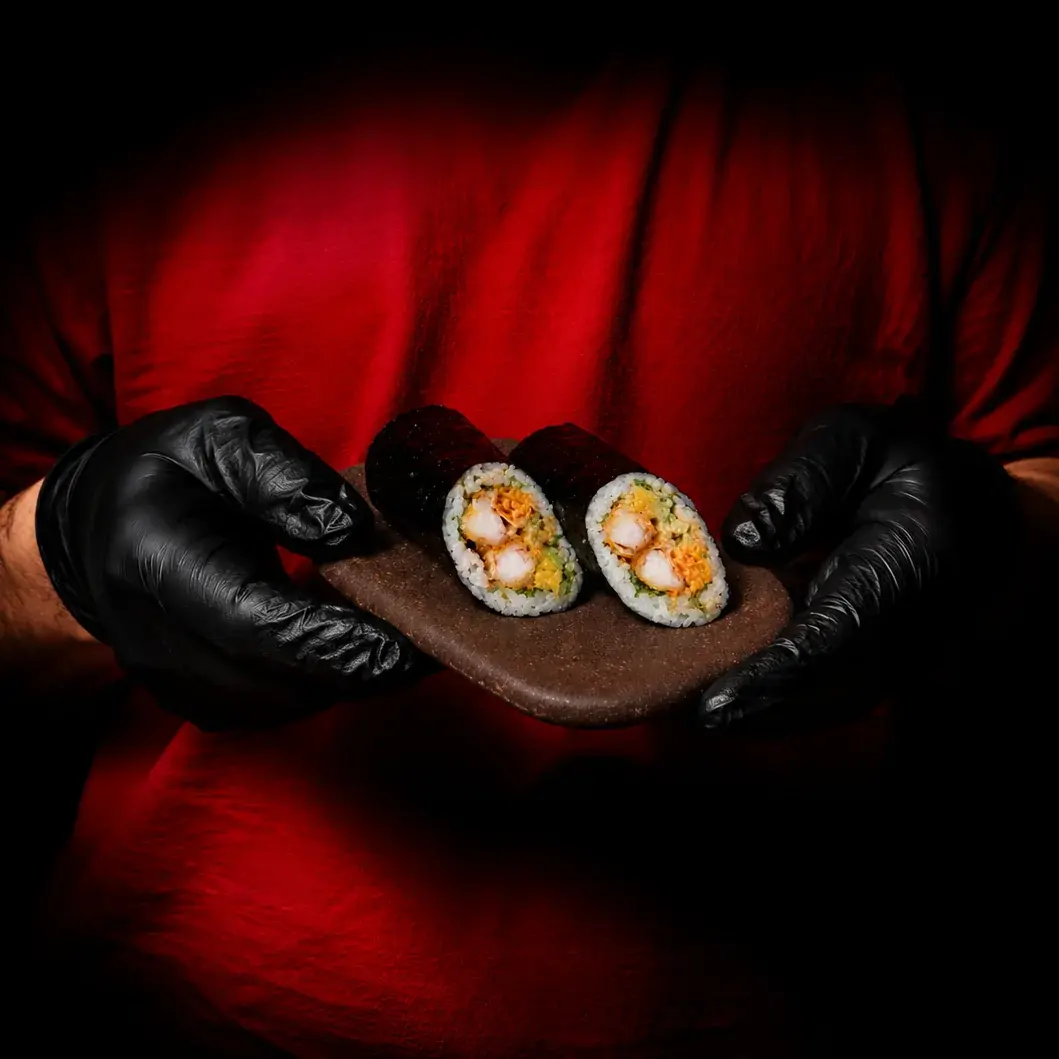 Shrimp Sushi Burrito cut in half and held in black gloved hands under a hard red key light at Alba Street, Social Distrikt, Dubai Mall
