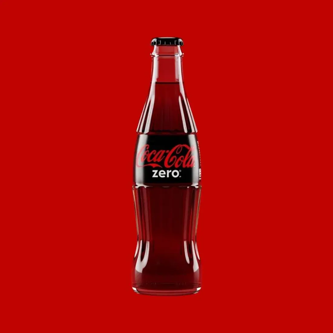 Coca-Cola Zero in a chilled glass bottle against a red backdrop at Alba Street, Social Distrikt, Dubai Mall
