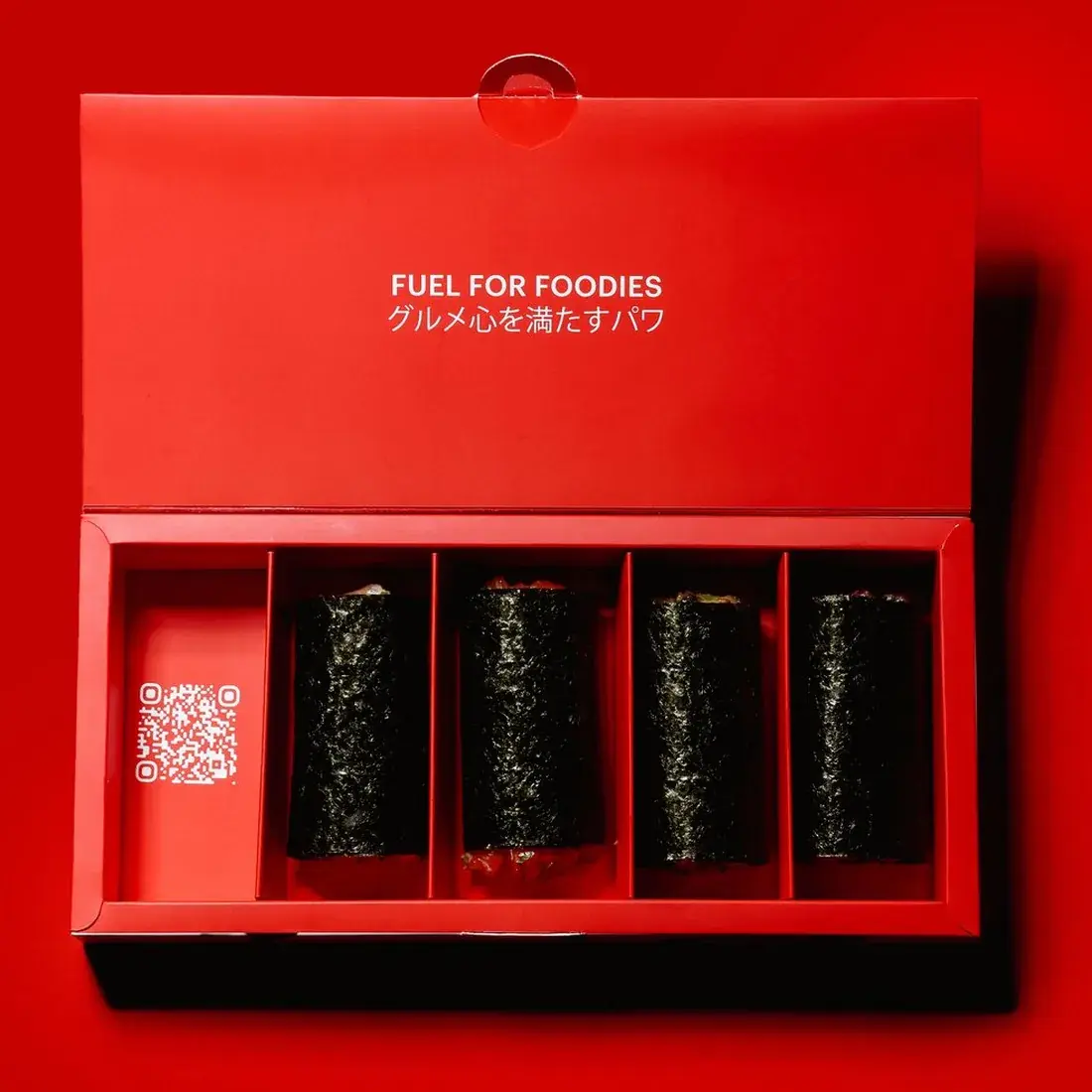 Handroll Box 4 Pcs open in an Alba Street presentation box against a red backdrop at Alba Street, Social Distrikt, Dubai Mall