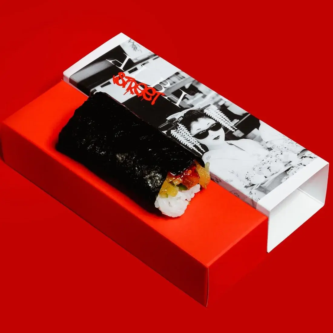 Veggie Handroll in an Alba Street presentation box against a red backdrop at Alba Street, Social Distrikt, Dubai Mall