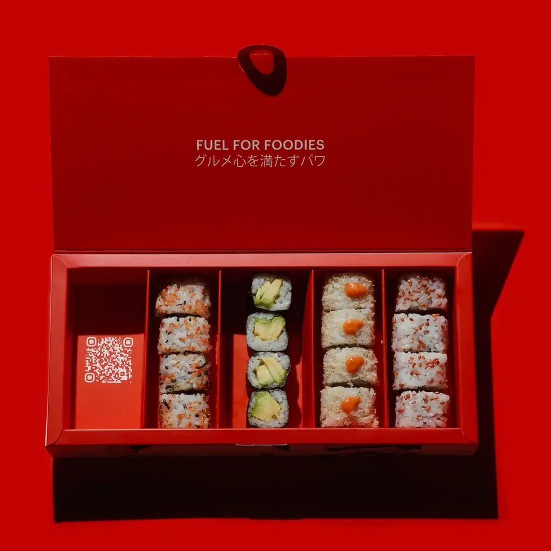 Maki Box 16pcs in an Alba Street presentation box against a red backdrop at Alba Street, Social Distrikt, Dubai Mall