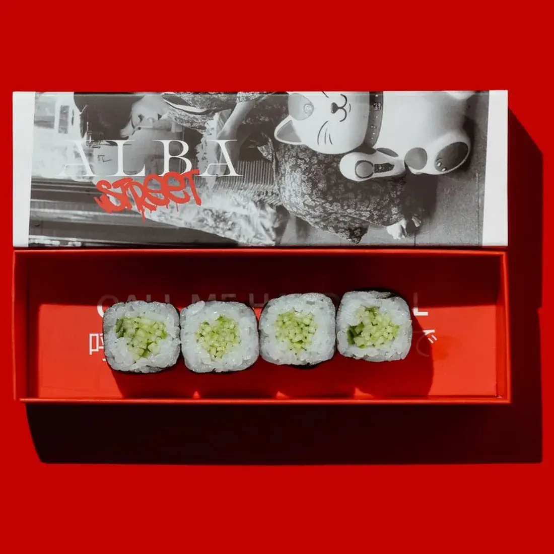 Kappa Maki in an Alba Street presentation box against a red backdrop at Alba Street, Social Distrikt, Dubai Mall