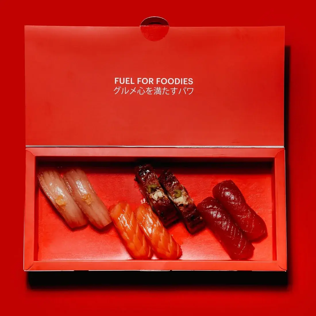 Nigiri Box 8 pcs in an Alba Street presentation box against a red backdrop at Alba Street, Social Distrikt, Dubai Mall