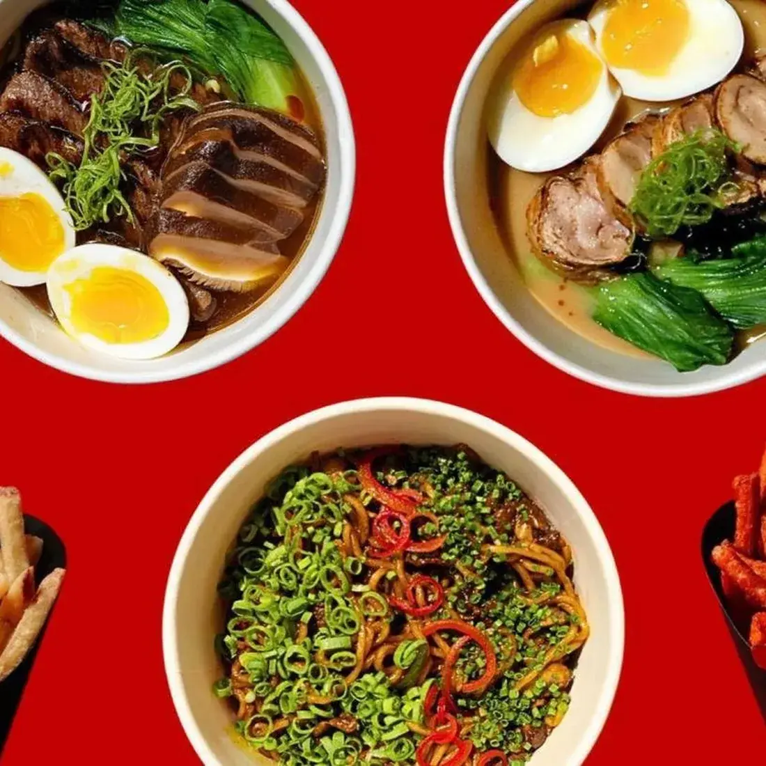 Ramen Combo Meal in a bowl against a red backdrop at Alba Street, Social Distrikt, Dubai Mall