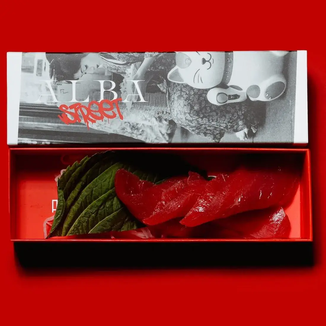 Tuna Akami Sashimi – 3 Pcs in an Alba Street presentation box against a red backdrop at Alba Street, Social Distrikt, Dubai Mall