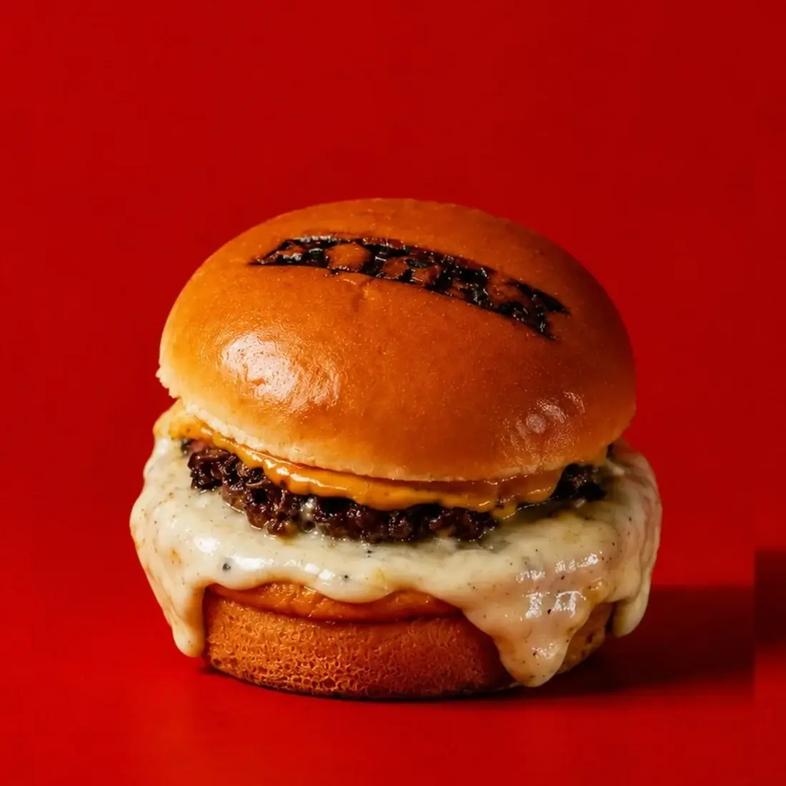 Wagyu Truffle Slider with melted truffle cheese on a branded Alba Street bun, against a red backdrop at Alba Street, Social Distrikt, Dubai Mall